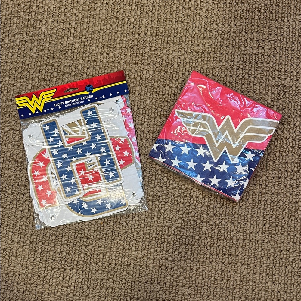 DC Wonder Woman Starry Birthday Banner & Napkins - Red, Blue, Gold